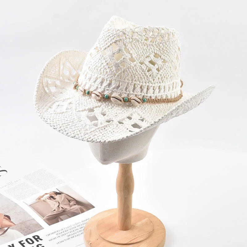 Wide Brim Straw Beach Hat with Shell Band