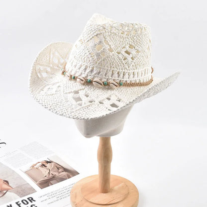 Wide Brim Straw Beach Hat with Shell Band