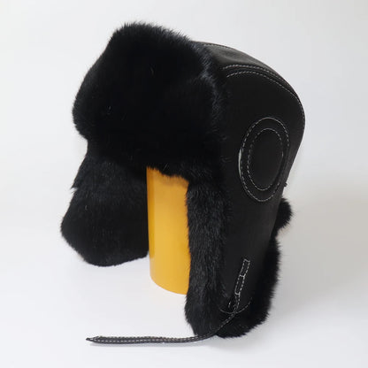 Winter Ushanka Trapper Hat with Rabbit Fur & Leather Earflaps