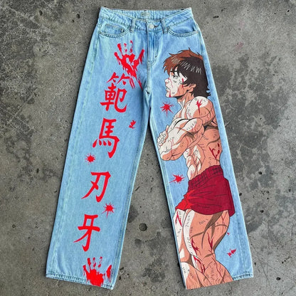 Anime Print Baggy Jeans – Y2K Wide Leg Streetwear Denim Pants