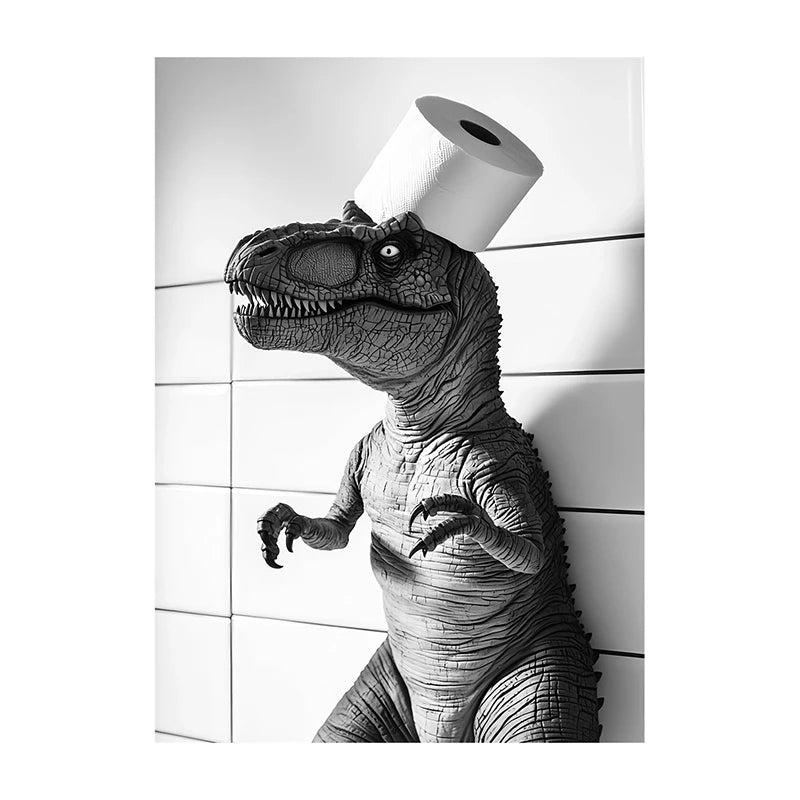 Funny Bathroom Wall Art Poster – Black & White Animal Toilet Paper Print