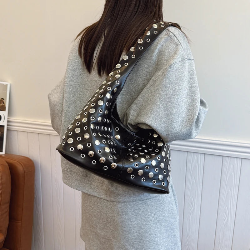 Punk Rivet Hobo Bag – PU Leather Shoulder Bag for Women