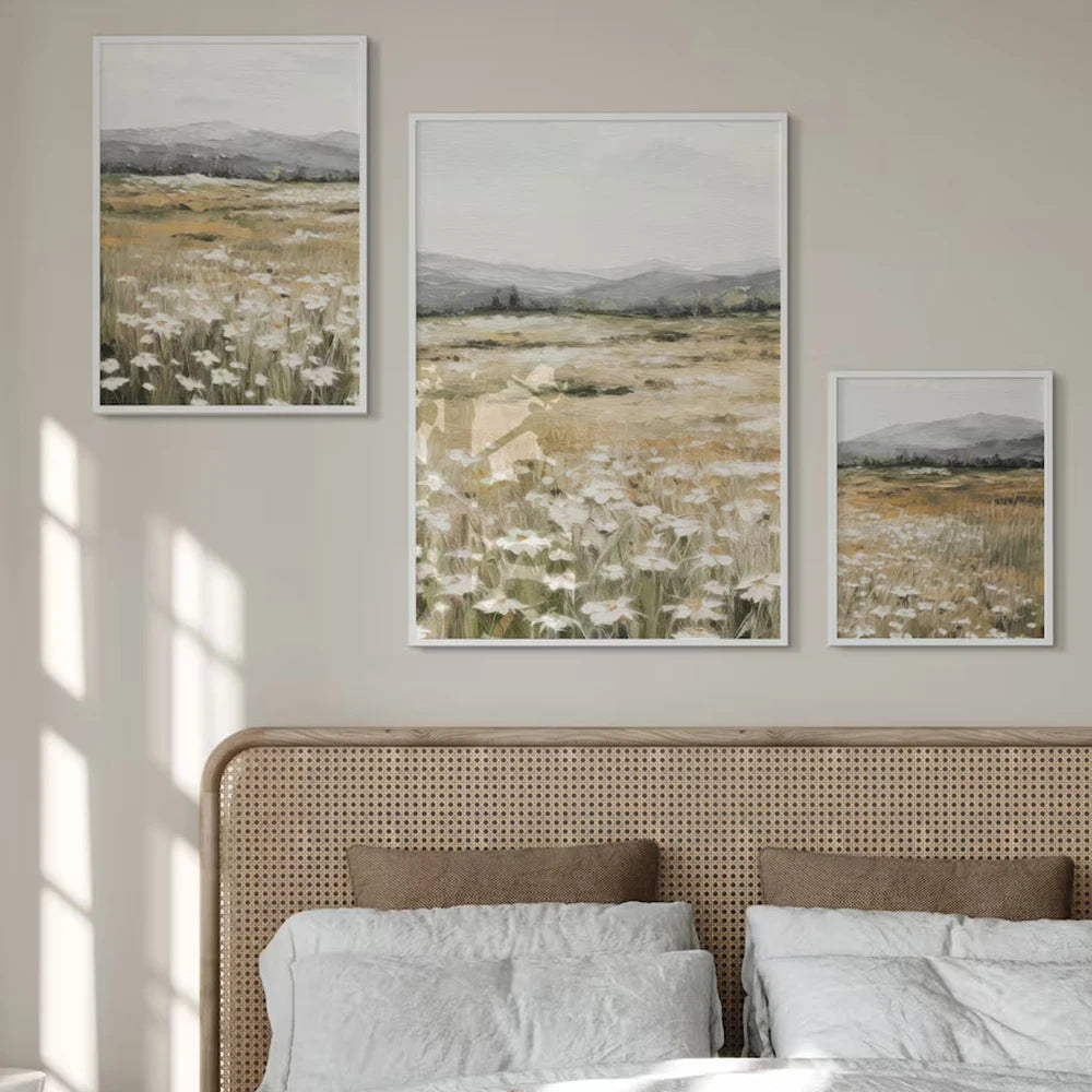 Wildflower Field Landscape Wall Art Print – 3-Piece Set
