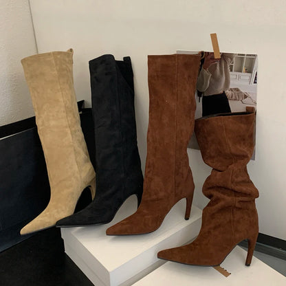 Eilyken Women Knee-High Stiletto Boots – Pointed Toe Suede