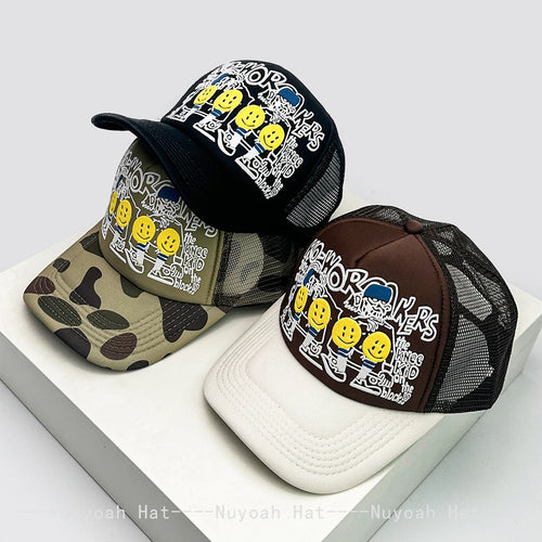 Smiley Face Trucker Cap – 3D Embroidered Hip Hop Baseball Hat