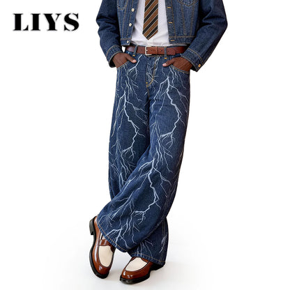 LIYS Lightning Print Baggy Wide Leg Jeans – Blue Streetwear Denim