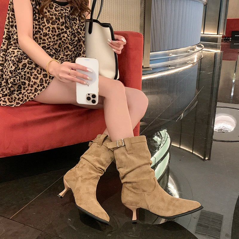 Women's Suede Slouch Boots – Pointed Toe Stiletto Heel with Buckle Strap