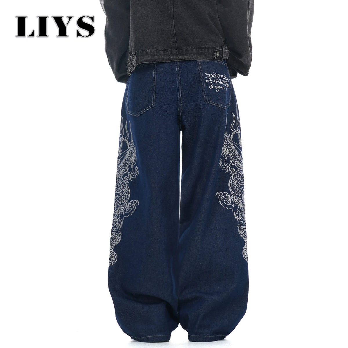 Men's Dragon Embroidered Baggy Wide Leg Jeans – Blue