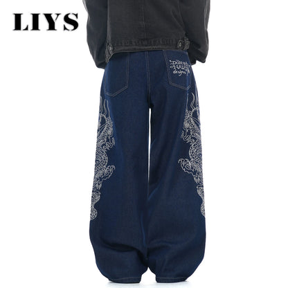Men's Dragon Embroidered Baggy Wide Leg Jeans – Blue