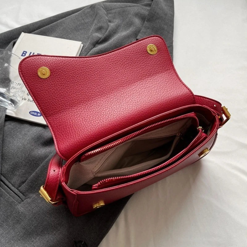 Vintage PU Leather Crossbody Bags For Women Red Lychee Pattern Flap