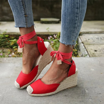Women's Espadrille Wedge Sandals – Ankle Strap Lace-Up Canvas Shoes