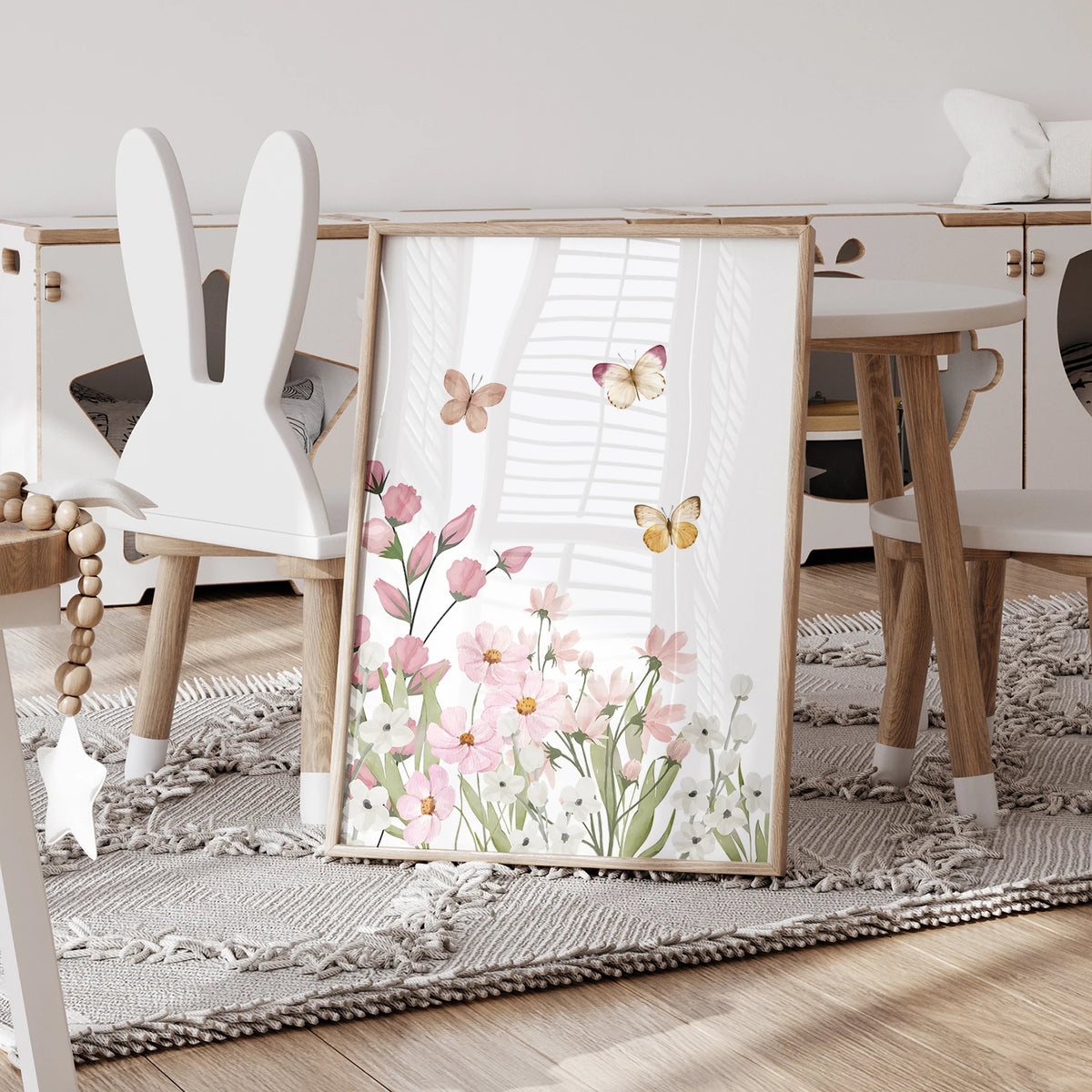 Bunny Flowers & Butterfly Wall Art Print – Kids Nursery