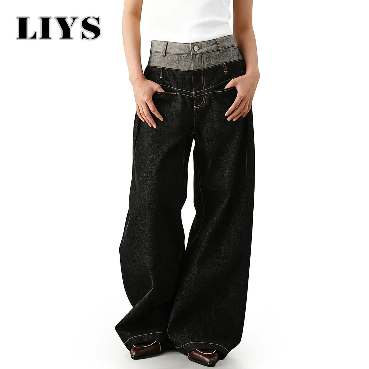 Men S Retro Personalized Double Waist Design Loose Wide Leg Jeans Street Denim Pants Gothic Baggy