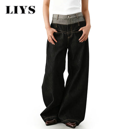Men S Retro Personalized Double Waist Design Loose Wide Leg Jeans Street Denim Pants Gothic Baggy