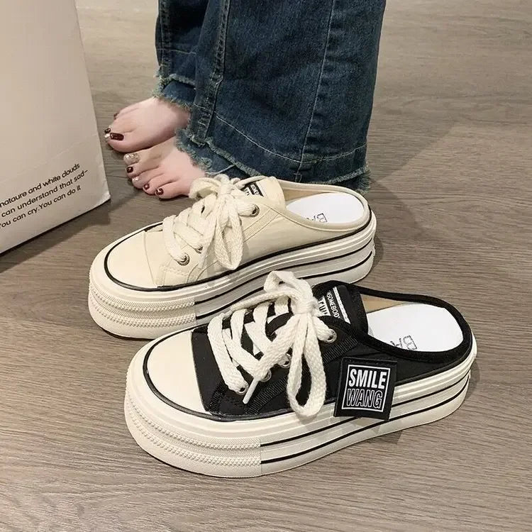 Platform Canvas Slip-On Mule Sneakers with Thick Sole