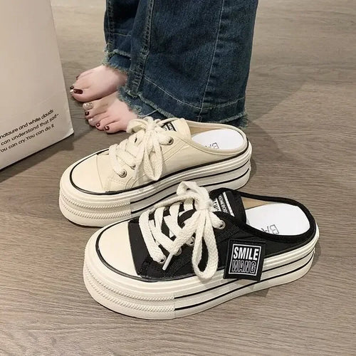 Platform Canvas Slip-On Mule Sneakers with Thick Sole