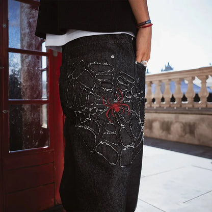 Y2K Spiderweb Baggy Jeans – Black Gothic Streetwear Wide Leg Denim