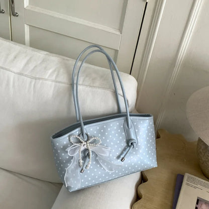 Korean Style Polka Dot For Women Elegant Underarm Bag With Pearl Bow