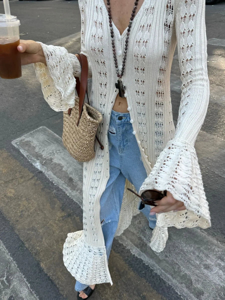 Crochet Knit Long Cardigan – Women's Flare Sleeve V-Neck Button-Up