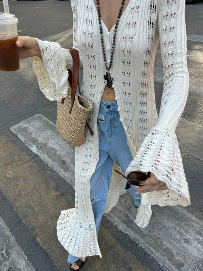 Crochet Knit Long Cardigan – Women's Flare Sleeve V-Neck Button-Up