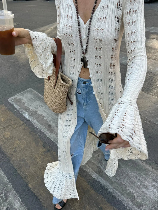 Crochet Knit Long Cardigan – Women's Flare Sleeve V-Neck Button-Up