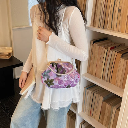 Sequin Floral Embroidered Handbag with Pearl Handle & Chain
