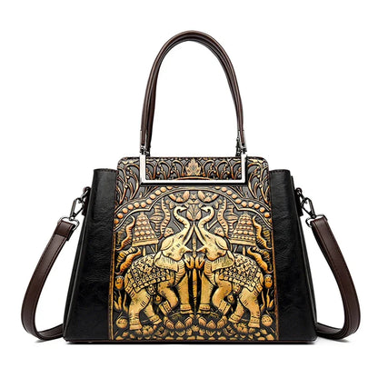 Vintage Embossed Handmade Handbag Women Versatile Pu Leather Shoulder Bag 3 Layers Large Capacity