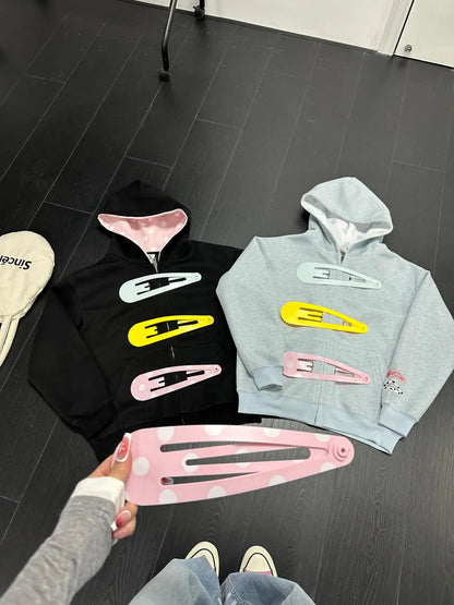 Oversized Zip-Up Hoodie Jacket for Women – Clip Detail Sweatshirt