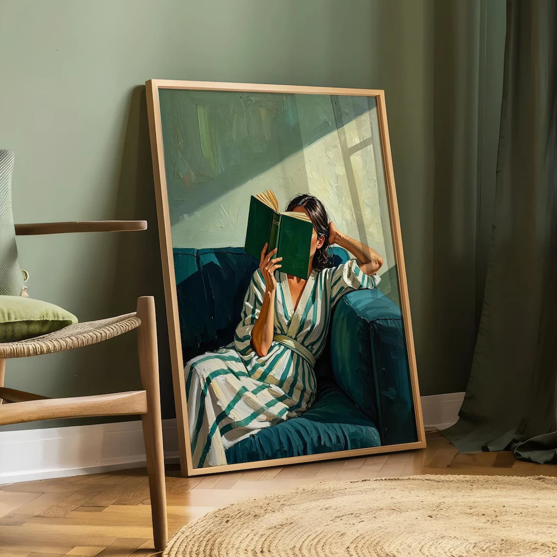 Reading Woman Wall Art Print – Emerald Green Abstract Portrait Poster