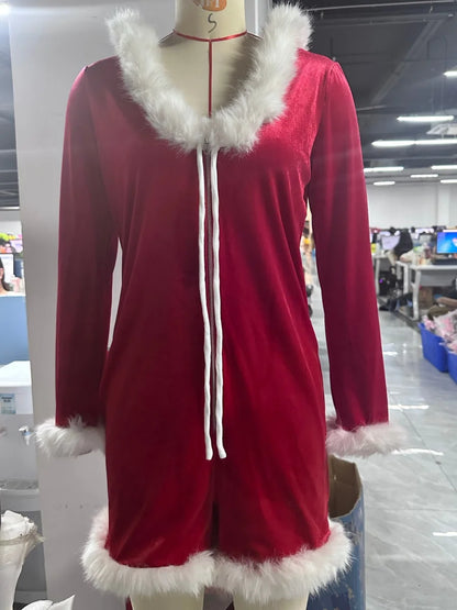 Christmas Romper Women – Furry Hooded Santa Playsuit