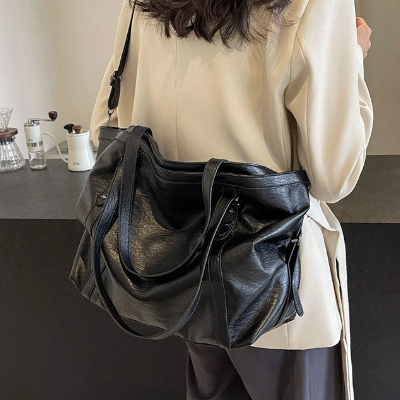 Large Sized Tote Bags For Women Soft PU Leather Pure Color
