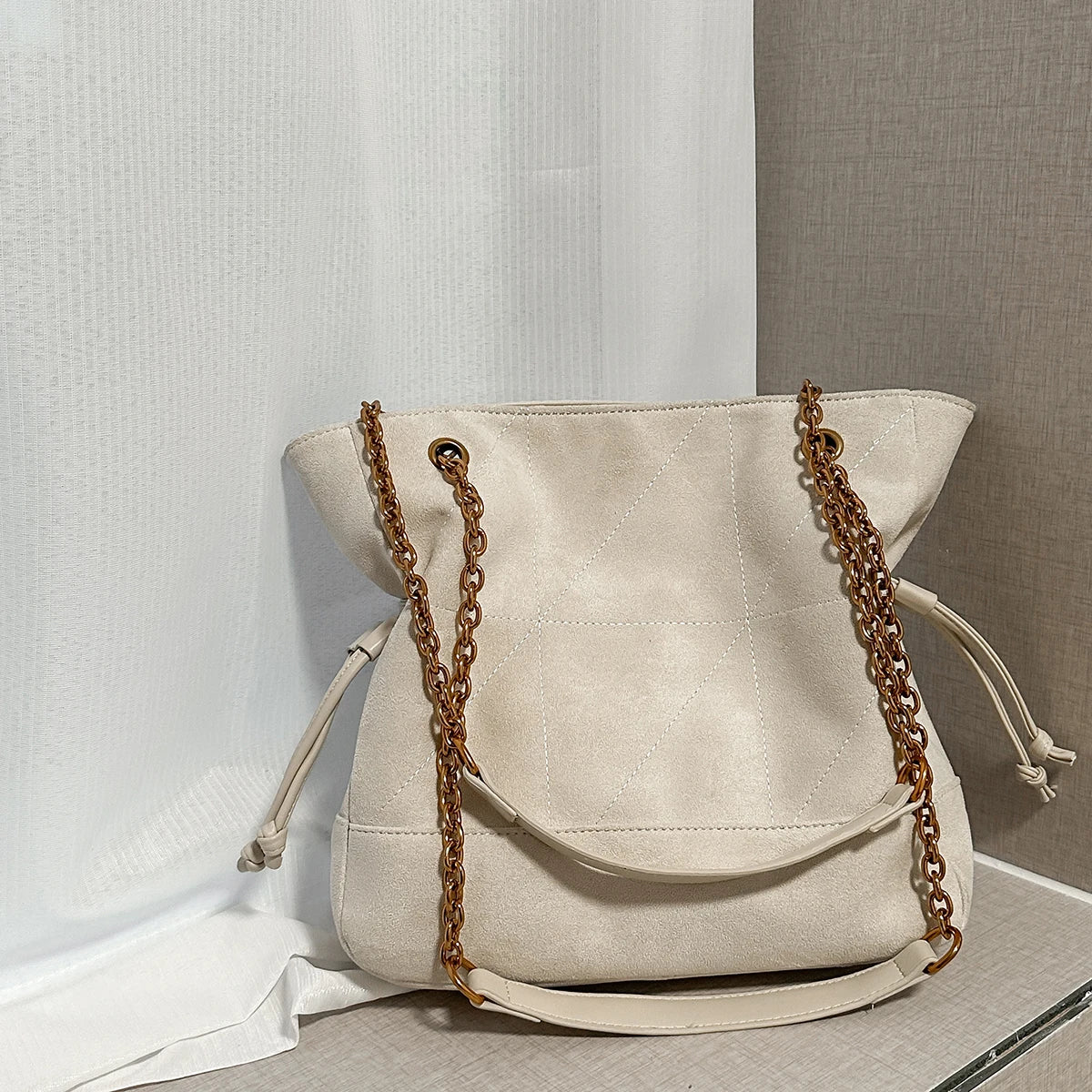 Faux Suede Tote Bag – Women's Chain Shoulder Handbag
