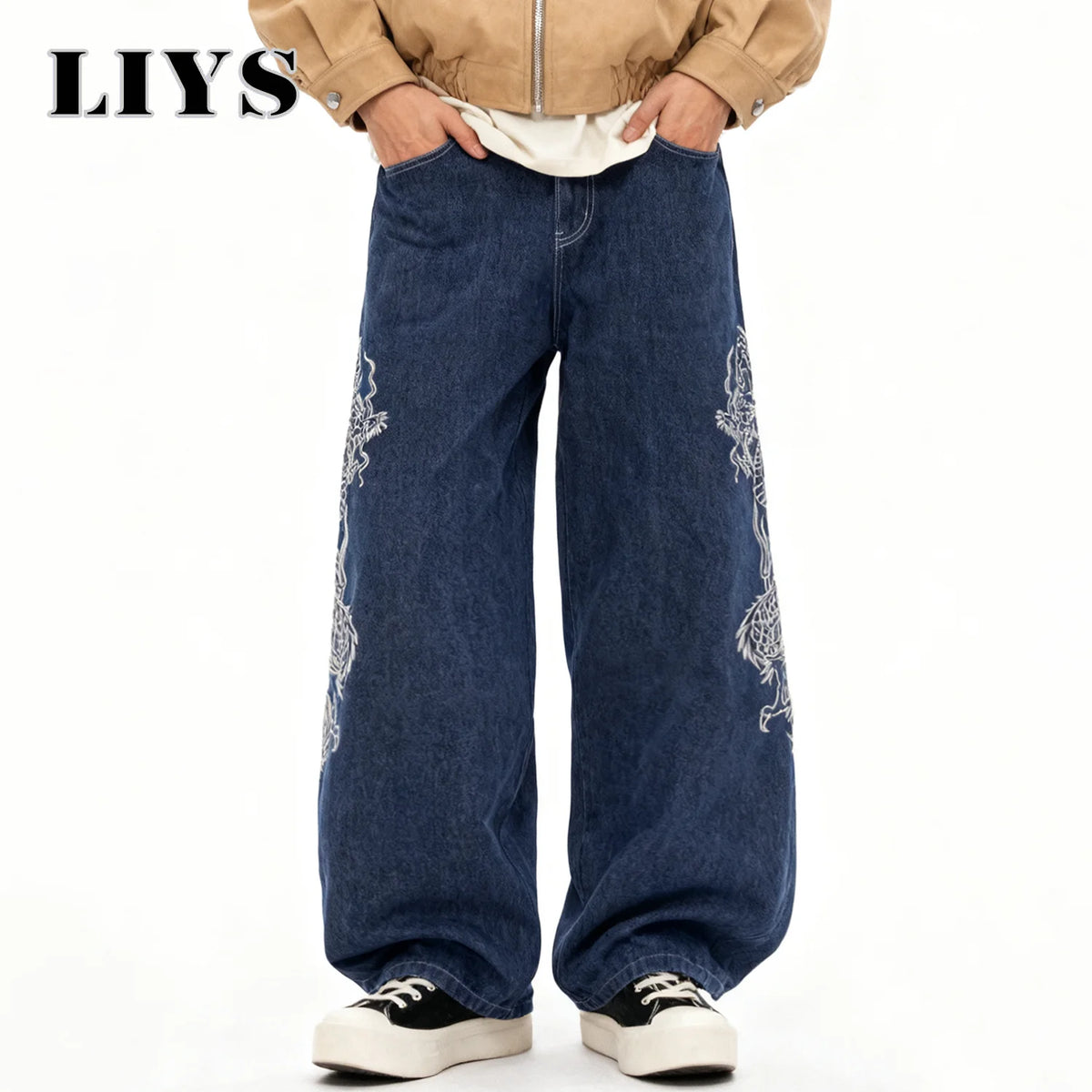 Dragon Embroidery Baggy Wide Leg Jeans for Men