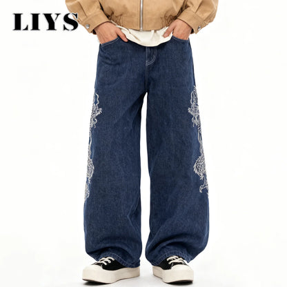 Dragon Embroidery Baggy Wide Leg Jeans for Men