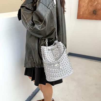 Studded Bucket Bag with Pearl Charm Drawstring Punk Rock Leather Shoulder Bag