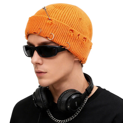 Gothic Punk Knitted Beanie – Y2K Unisex Skull Cap with Pins