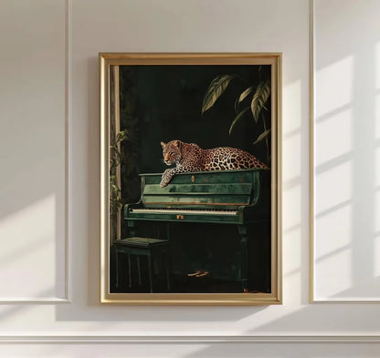Leopard on Green Piano Canvas Print – Maximalist Jungle Wall Art