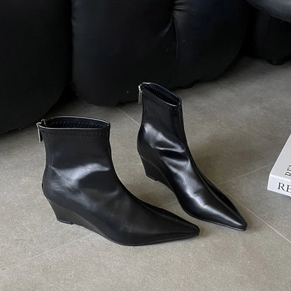 Women's Pointed Toe Ankle Boots – Wedge Heel Zip-Up Booties