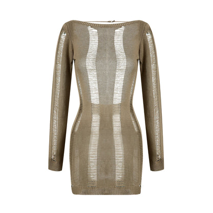 Knitted Cutout Mini Dress – Long Sleeve Sheer Bodycon