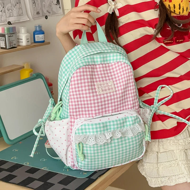 Cute Patchwork Lace Bow Backpack for Women & Girls