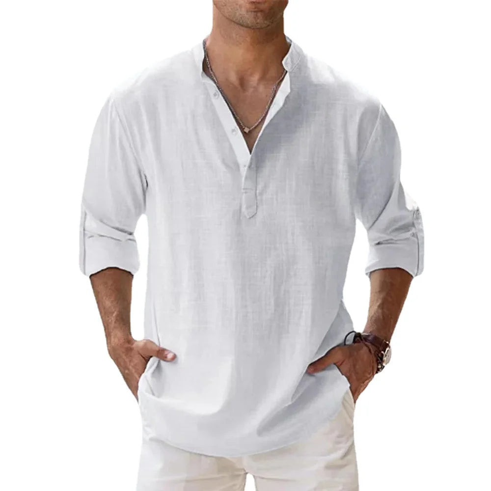 Men's Cotton Linen Henley Shirt – Long Sleeve Casual Beach Top