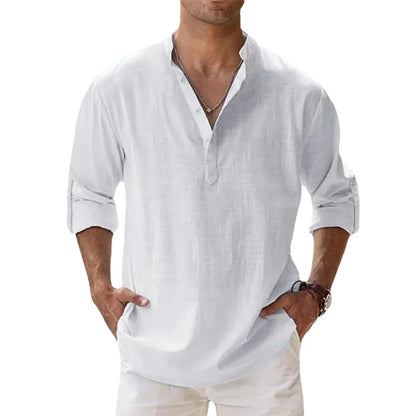 Men's Cotton Linen Henley Shirt – Long Sleeve Casual Beach Top