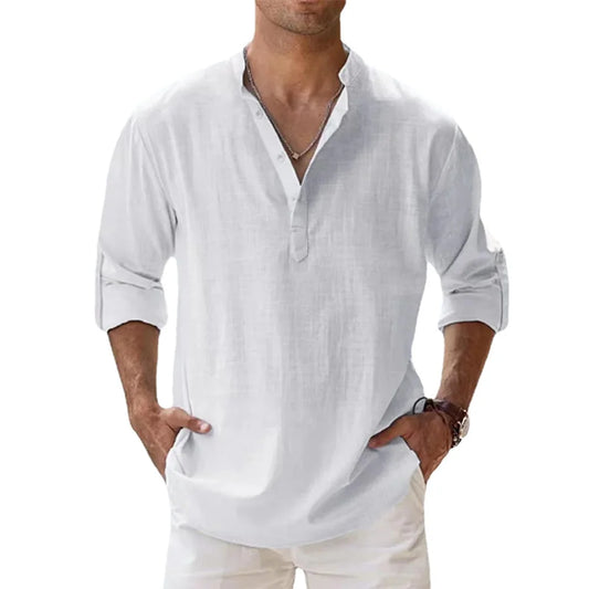 Men's Cotton Linen Henley Shirt – Long Sleeve Casual Beach Top