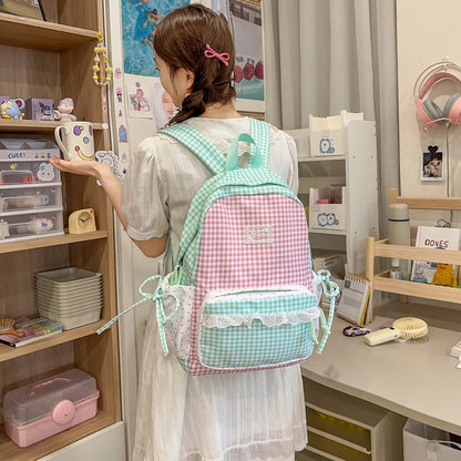 Cute Patchwork Lace Bow Backpack for Women & Girls