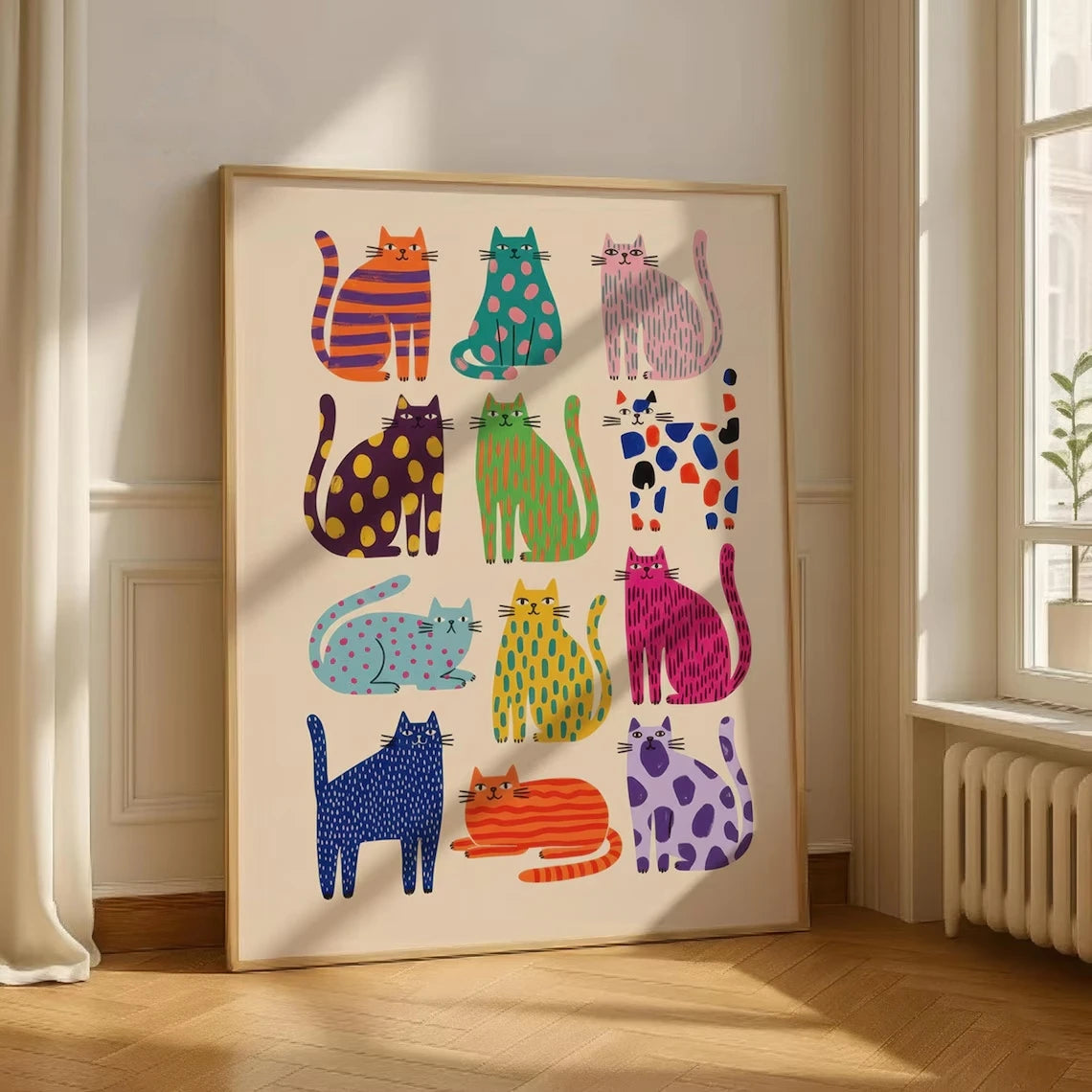 Colorful Cat Art Print Whimsical Wall Poster