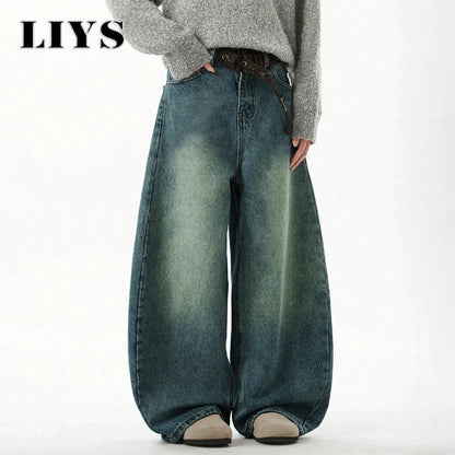 Men S Wear Blue Wide-Leg Denim Pants Baggy Jeans Vintage Three-Dimensional Cut Curved Knife Loose