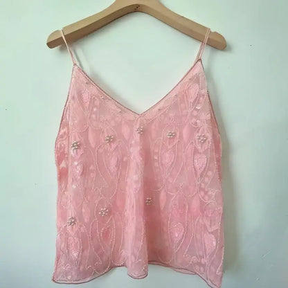 Sequin Beaded Camisole Top Women Sleeveless V-Neck Open Back Vest
