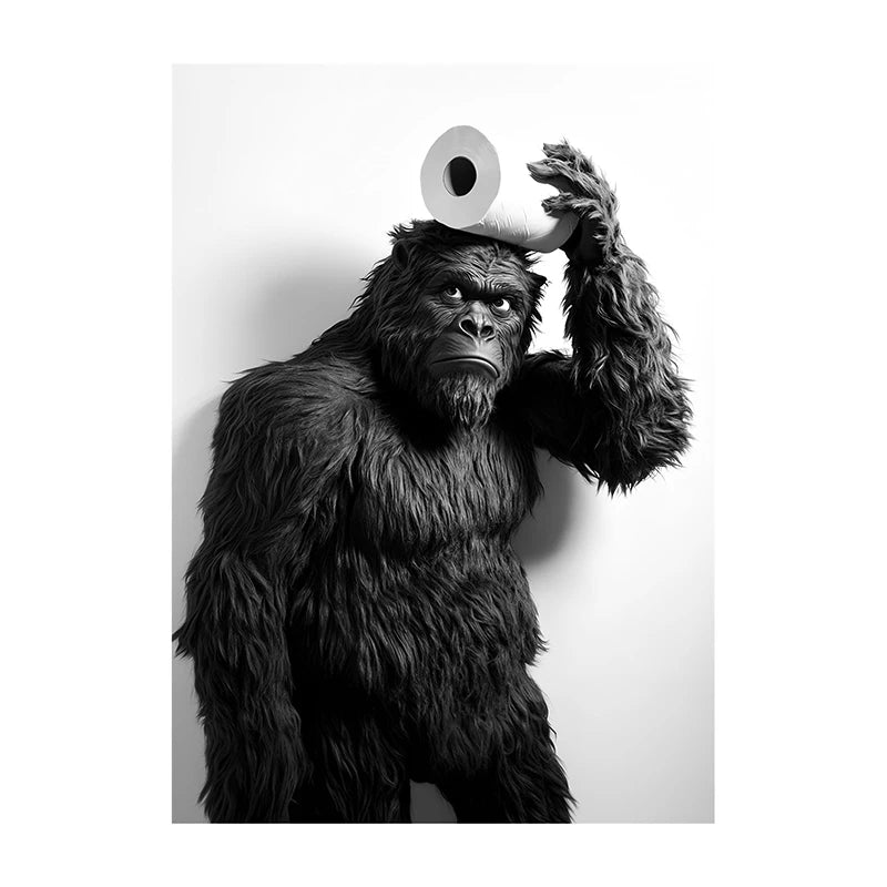 Funny Bathroom Wall Art Poster – Black & White Animal Toilet Paper Print