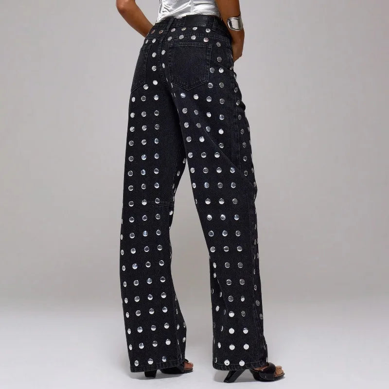 Mirror Rivet Baggy Straight-Leg Jeans – Y2K Mid-Waist Women's Trousers