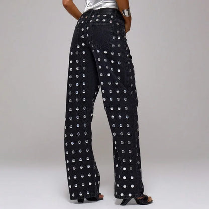 Mirror Rivet Baggy Straight-Leg Jeans – Y2K Mid-Waist Women's Trousers